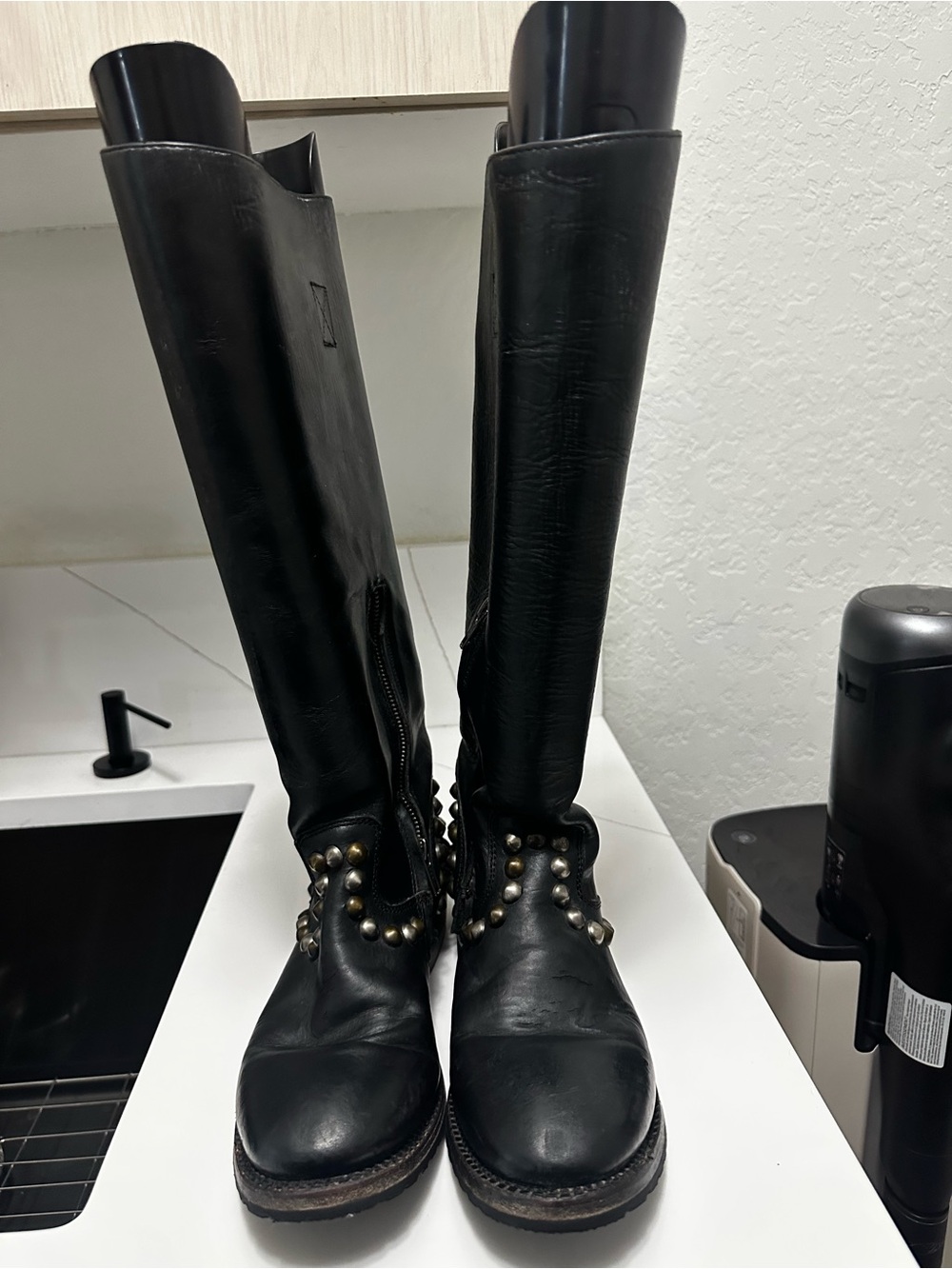 Ash Black Leather Knee-High Studded Riding Boots
